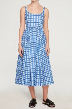 Eglantine Dress In Blue Painted Gingham Cotton Poplin