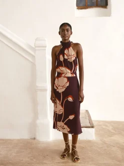 El Carmen Crepe Chine Midi Skirt in Purple Gladiolos