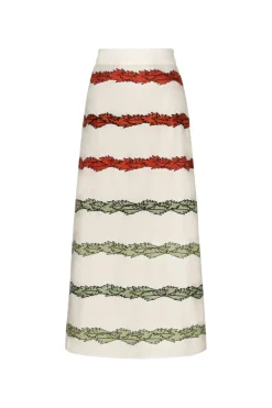 El Carmen Embroidered Cotton Midi Skirt in Ivory Striped Helechos