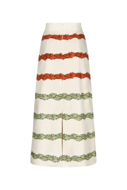El Carmen Embroidered Cotton Midi Skirt in Ivory Striped Helechos