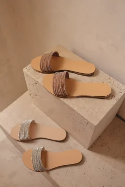 Eleni Vegetable Tanned Leather Sandal in Rose Gold Cystal