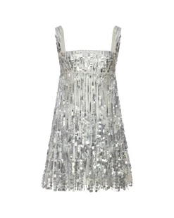 Elsa Dress in Ivory Silk Wool with Silver Fringe