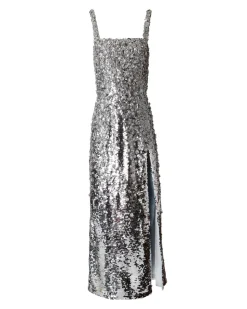 Embroidered Spaghetti Strap Sequin Midi Dress