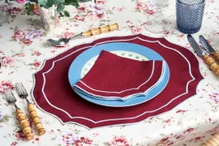 Emma Linen Napkin in Burgundy with Light Blue Embroidery