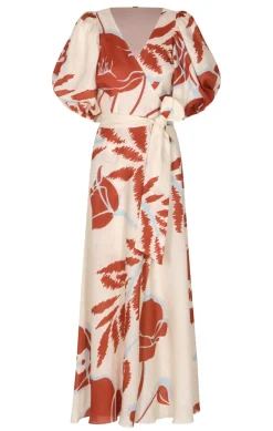 Ermita Linen Midi Dress in Ecru & Orange Gladiolos