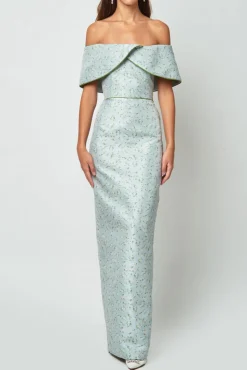 Eveline Floral Satin Off-The-Shoulder Gown