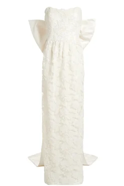 Evora Pearl Beaded Lace Gown with Large Detachable Bow