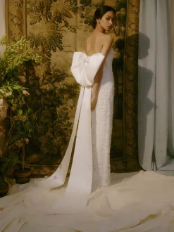 Evora Pearl Beaded Lace Gown with Large Detachable Bow