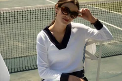 Farrah Pullover in White with Navy Trim