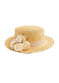 Faux Flower Straw Boater Hat with Ivory Flower