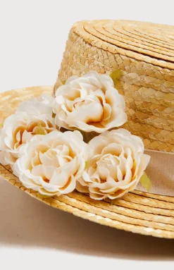 Faux Flower Straw Boater Hat with Ivory Flower
