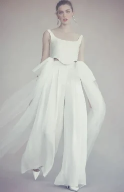 Felix Trouser in Ivory Silk Crepe with Chiffon Overlay