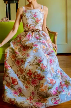 Fit and Flare Dirndl Skirt Embroidered Floral Organza Gown