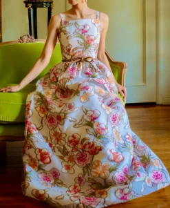 Fit and Flare Dirndl Skirt Embroidered Floral Organza Gown