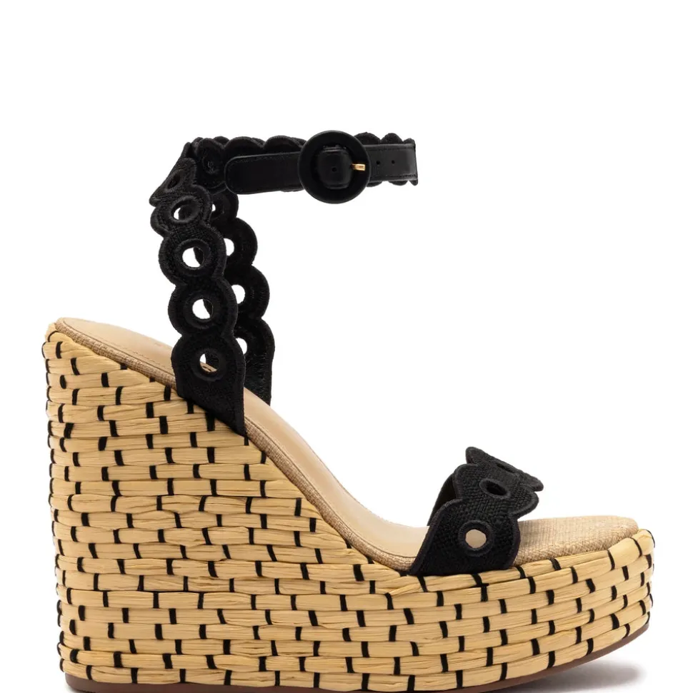 Florence Broderie Wedge in Beige & Black Raffia