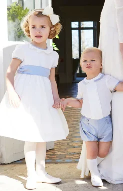 Flower Girl Dress in Ivory with Blue Silk Sash
