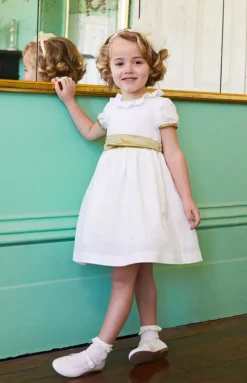Flower Girl Dress in Ivory with Green Silk Sash