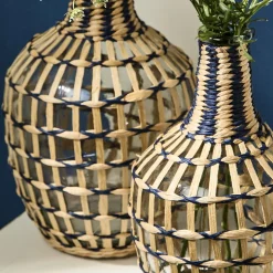 Fluted Vase with Hand-Wrapped Straw, Set of 2