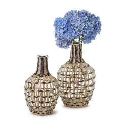 Fluted Vase with Hand-Wrapped Straw, Set of 2