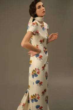 Fosette Dress In Retro Bouquet On White Taffeta Faille