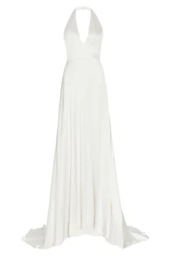 Francoise White Silk V-Neck Halter Gown With Train