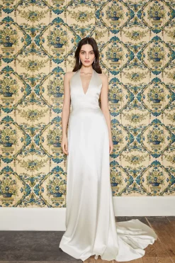 Francoise White Silk V-Neck Halter Gown With Train