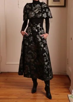 French Brocade Capelette in Black Velvet & Sage