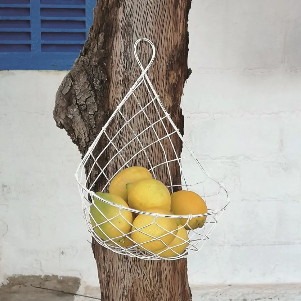 French Wireworks Demi-Lune Hanging Basket with Antique White Finish