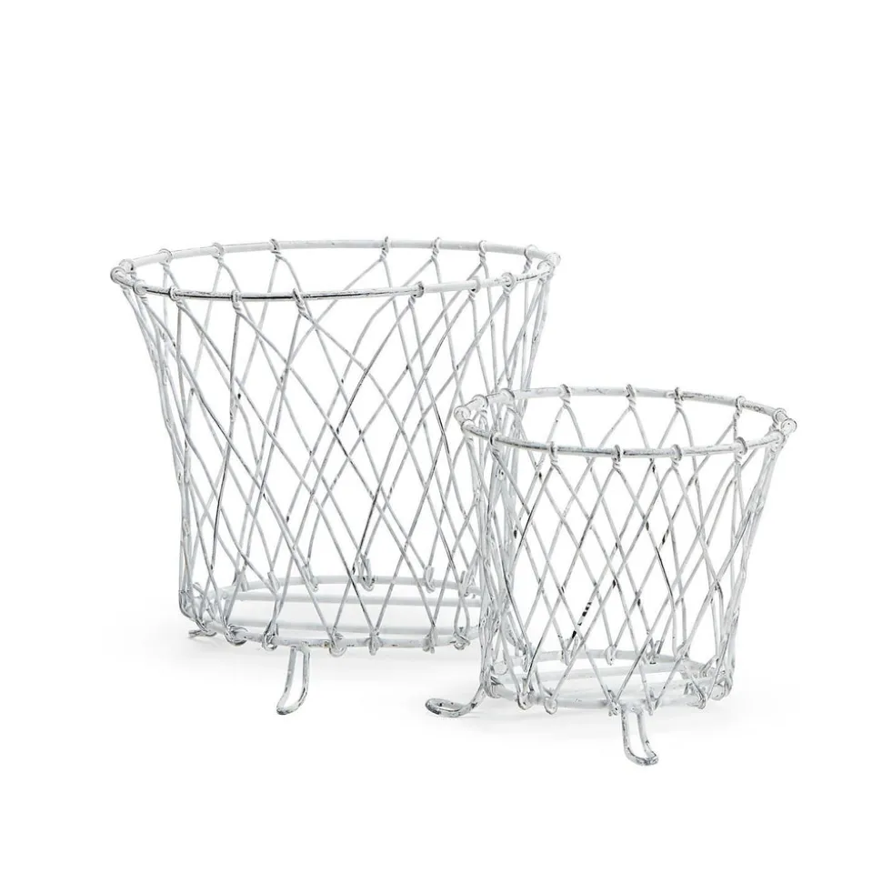 French Wireworks Pot Basket with Antique White Finish, Set of 2