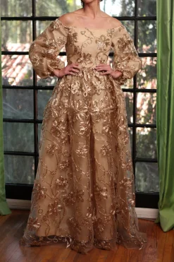 Full Sleeve Ball Gown in Gold Floral Raffia