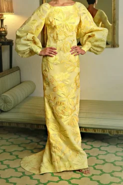 Full Sleeve Slim Gown with Train in Yellow and Gold