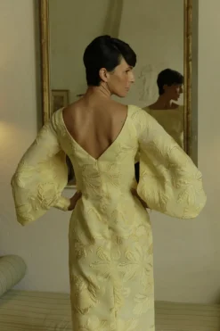 Full Sleeve Slim Gown with Train in Yellow and Gold