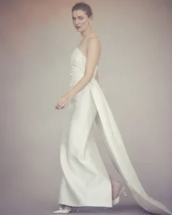 Gabi Gown in Ivory Silk Wool with Ivory Meadow Embellishment