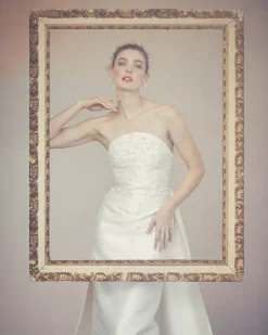 Gabi Gown in Ivory Silk Wool with Ivory Meadow Embellishment