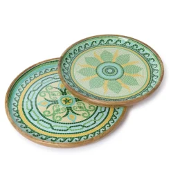 Garden View Hand-Crafted Wooden Round Trays with Enamel, Set of 2