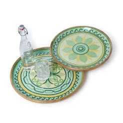 Garden View Hand-Crafted Wooden Round Trays with Enamel, Set of 2