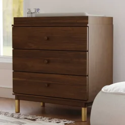 Gelato 3-Drawer Changer Dresser with Removable Changing Tray in Natural Walnut & Gold Feet