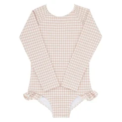 Girls Brown Crinkle Gingham Rashguard One Piece