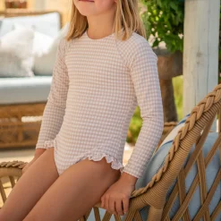 Girls Brown Crinkle Gingham Rashguard One Piece