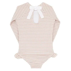 Girls Brown Crinkle Gingham Rashguard One Piece