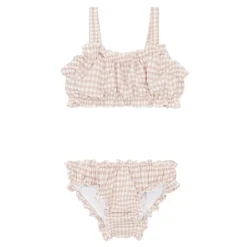 Girls Brown Crinkle Gingham Ruffle Edge Bikini