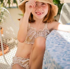 Girls Brown Crinkle Gingham Ruffle Edge Bikini