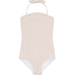 Girls Brown Crinkle Gingham Halter One Piece