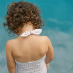 Girls Brown Crinkle Gingham Halter One Piece