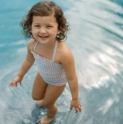 Girls Brown Crinkle Gingham Halter One Piece