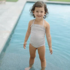 Girls Brown Crinkle Gingham Halter One Piece