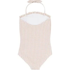 Girls Brown Crinkle Gingham Halter One Piece