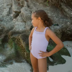 Girls Lavender Stripe Ruched Strap One Piece