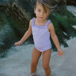 Girls Lavender Stripe Ruched Strap One Piece