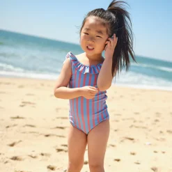 Girls Maritime Stripe Ruffle Collar One Piece